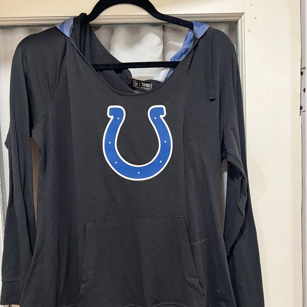 Indianapolis Colts NFL Team Apparel Women's Long Sleeve T shirt with a hood.